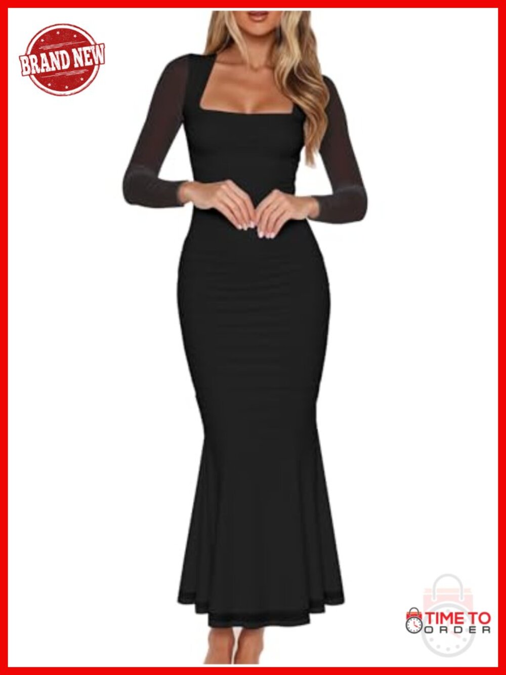 Ruched Bodycon Long Sleeve Mesh Maxi Dress Square Neck Formal Party